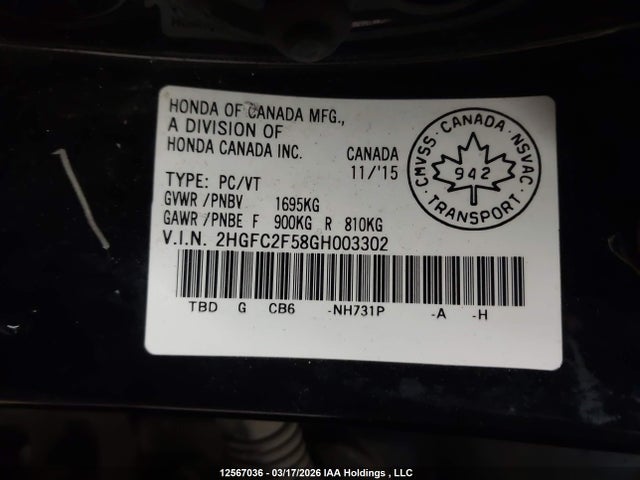 Продаж на аукціоні авто 2016 Honda Civic Lx, vin: 2HGFC2F58GH003302, номер лоту: 12567036