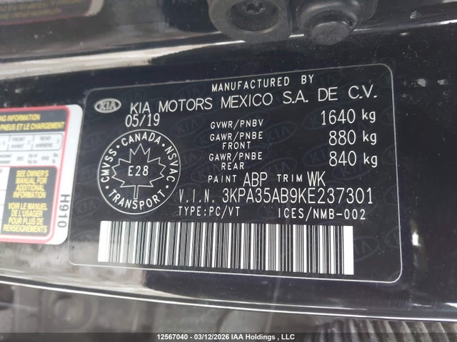 3KPA35AB9KE237301 KIA Rio Ex/ex Sport/ex Tech Navi