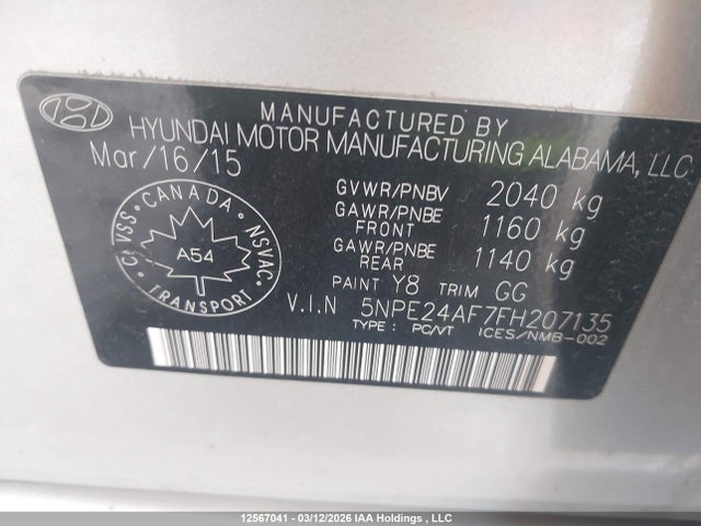 5NPE24AF7FH207135 Hyundai SONATA SE