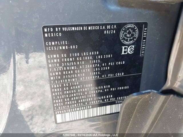 12567046 :رقم المزاد ، 3VV4X7B28RM086299 vin ، 2024 Volkswagen Taos Highline مزاد بيع