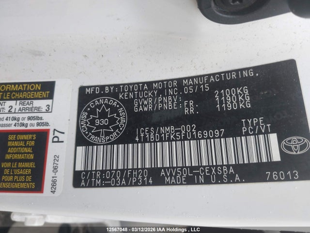2015 Toyota Camry Hybrid Se მანქანა იყიდება აუქციონზე, vin: 4T1BD1FK5FU169097, აუქციონის ნომერი: 12567048