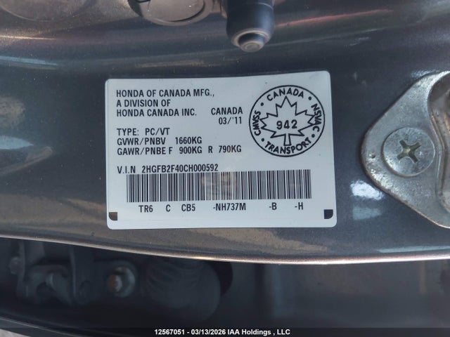 12567051 :رقم المزاد ، 2HGFB2F40CH000592 vin ، 2012 Honda Civic Lx مزاد بيع