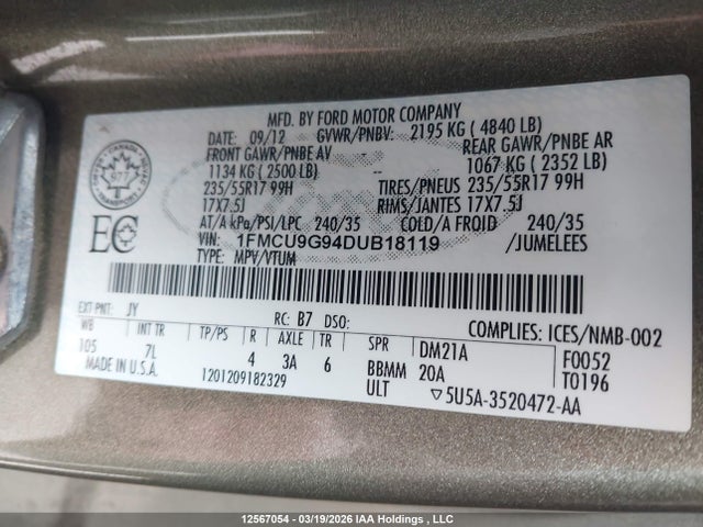 Продажа на аукционе авто 2013 Ford Escape Se, vin: 1FMCU9G94DUB18119, номер лота: 12567054