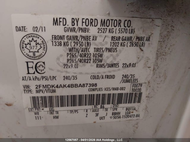 Продажа на аукционе авто 2011 Ford Edge Sport, vin: 2FMDK4AK4BBA87398, номер лота: 12567057