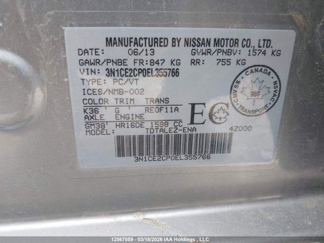 2014 Nissan Versa Note S/s Plus/sv/sl მანქანა იყიდება აუქციონზე, vin: 3N1CE2CP0EL355766, აუქციონის ნომერი: 12567059