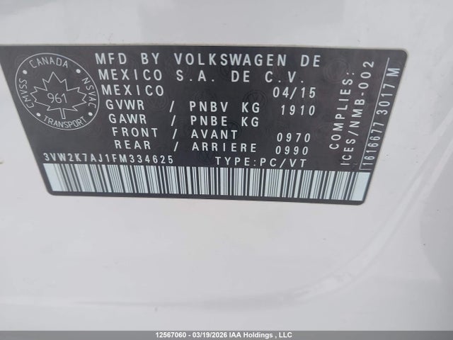 Aukcja sprzedaży 2015 Volkswagen Jetta, vin: 3VW2K7AJ1FM334625, numer aukcji: 12567060