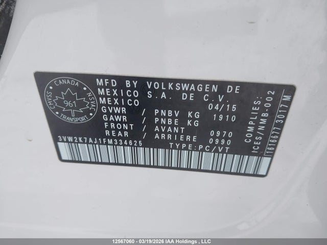 Aukcja sprzedaży 2015 Volkswagen Jetta, vin: 3VW2K7AJ1FM334625, numer aukcji: 12567060