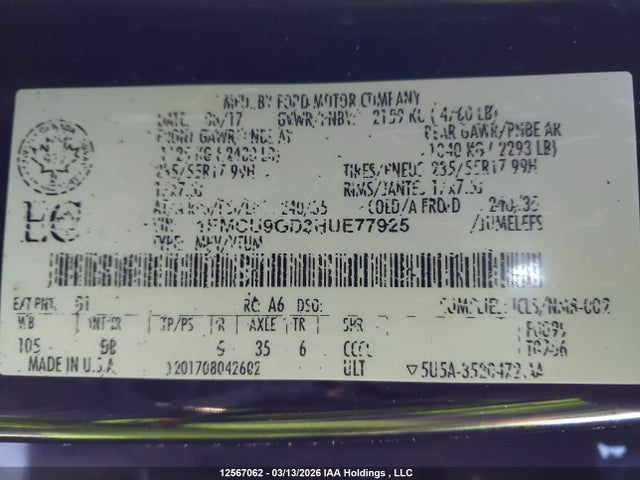 1FMCU9GD3HUE77925 Ford ESCAPE SE