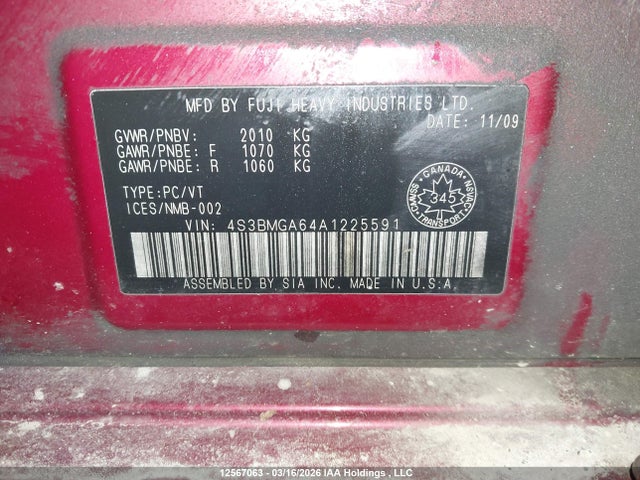 12567063 :رقم المزاد ، 4S3BMGA64A1225591 vin ، 2010 Subaru Legacy مزاد بيع