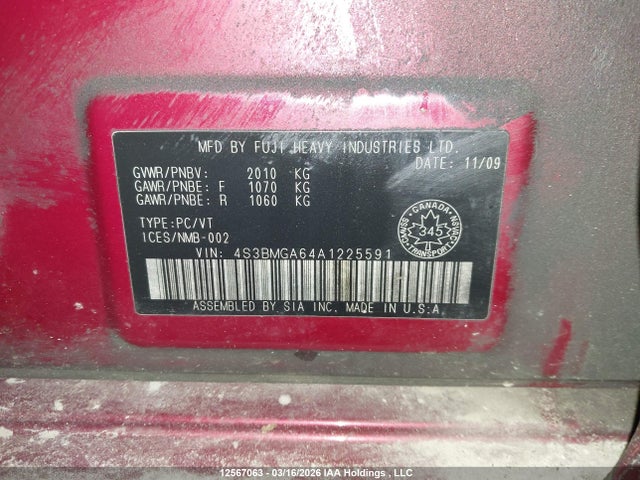 12567063 :رقم المزاد ، 4S3BMGA64A1225591 vin ، 2010 Subaru Legacy مزاد بيع