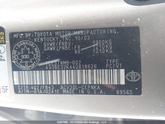12567065 :رقم المزاد ، 4T1BE32K44U818626 vin ، 2004 Toyota Camry Le/se/xle مزاد بيع