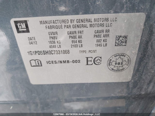 Продаж на аукціоні авто 2012 Chevrolet Cruze, vin: 1G1PD5SH0C7331068, номер лоту: 12567066