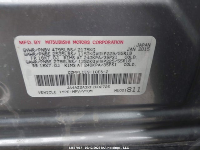 Продаж на аукціоні авто 2015 Mitsubishi Outlander Es, vin: JA4AZ2A3XFZ602725, номер лоту: 12567067