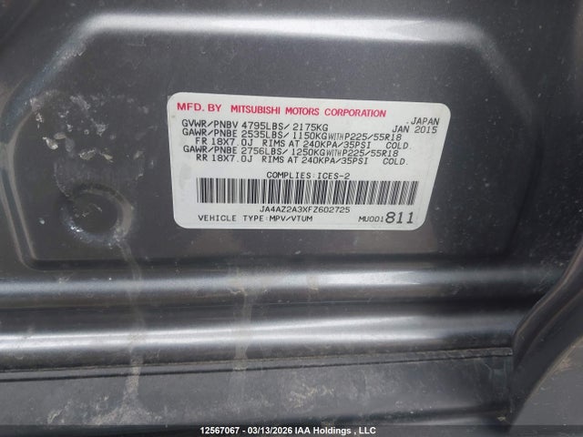 Продаж на аукціоні авто 2015 Mitsubishi Outlander Es, vin: JA4AZ2A3XFZ602725, номер лоту: 12567067