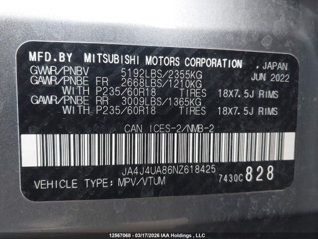 JA4J4UA86NZ618425 Mitsubishi Outlander Le/le Premium/se/sel