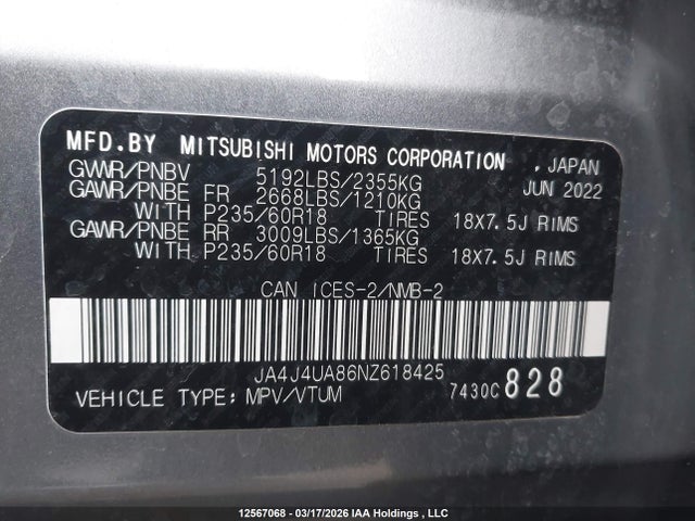 JA4J4UA86NZ618425 Mitsubishi Outlander Le/le Premium/se/sel
