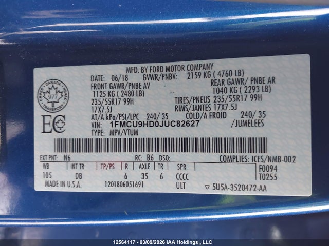12564117 :رقم المزاد ، 1FMCU9HD0JUC82627 vin ، 2018 Ford Escape Sel مزاد بيع