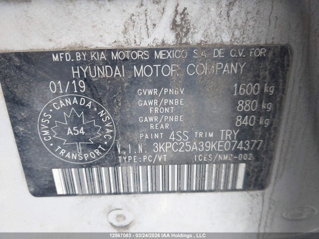 12567083 :رقم المزاد ، 3KPC25A39KE074377 vin ، 2019 Hyundai Accent Preferred مزاد بيع