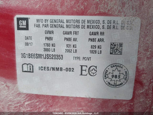 Продажа на аукционе авто 2018 Chevrolet Cruze Lt Auto, vin: 3G1BE6SM1JS520353, номер лота: 12563492