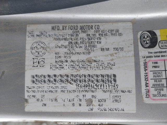 12567087 :رقم المزاد ، 3FAHP0JA2CR111262 vin ، 2012 Ford Fusion Sel مزاد بيع