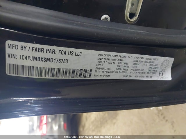 12567089 :رقم المزاد ، 1C4PJMBX8MD178783 vin ، 2021 Jeep Cherokee Trailhawk مزاد بيع