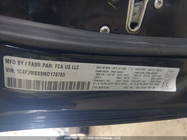 12567089 :رقم المزاد ، 1C4PJMBX8MD178783 vin ، 2021 Jeep Cherokee Trailhawk مزاد بيع