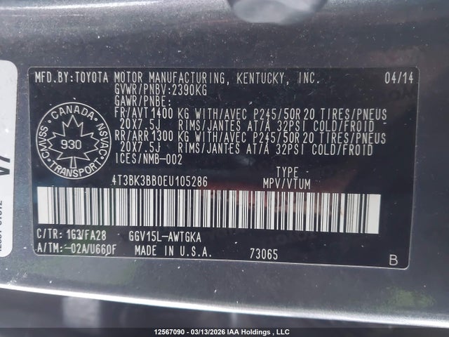 12567090 :رقم المزاد ، 4T3BK3BB0EU105286 vin ، 2014 Toyota Venza Base V6 مزاد بيع