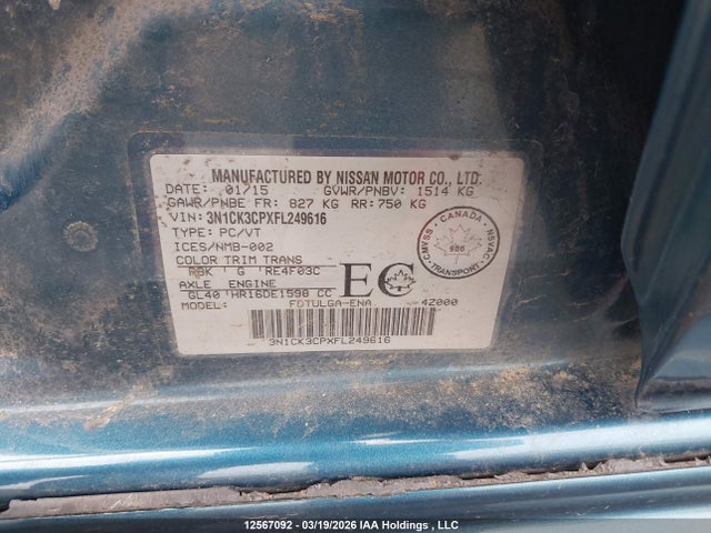 3N1CK3CPXFL249616 Nissan Micra S/sr/sv
