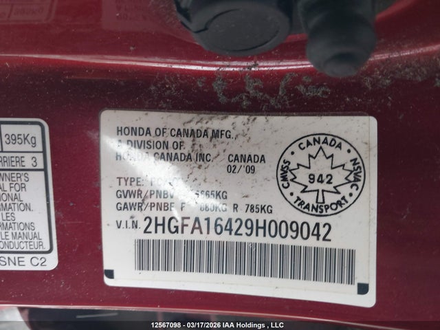 12567098 :رقم المزاد ، 2HGFA16429H009042 vin ، 2009 Honda Civic مزاد بيع