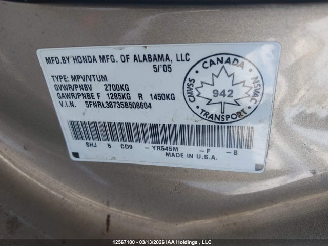Продаж на аукціоні авто 2005 Honda Odyssey Ex-l, vin: 5FNRL38735B508604, номер лоту: 12567100