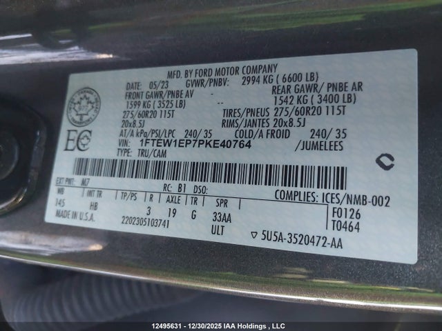 Продажа на аукционе авто 2023 Ford F-150 Lariat, vin: 1FTEW1EP7PKE40764, номер лота: 12495631