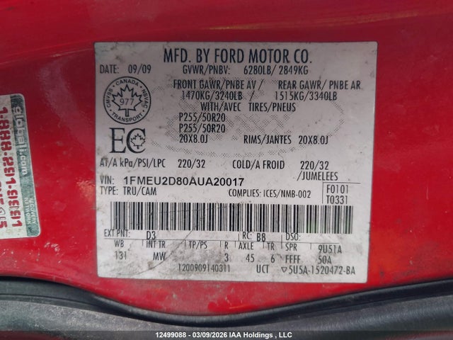 12499088 :رقم المزاد ، 1FMEU2D80AUA20017 vin ، 2010 Ford Explorer Sport Trac Limited مزاد بيع
