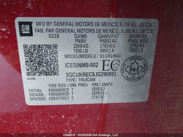 3GCUKREC6JG290891 Chevrolet Silverado 1500 2lt