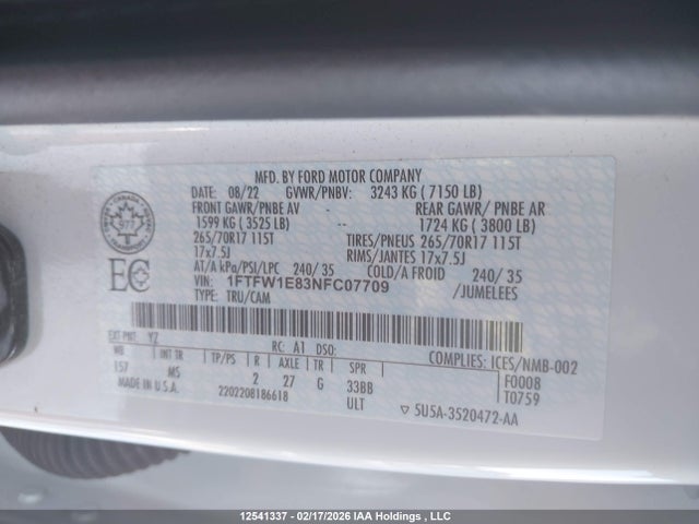 Продаж на аукціоні авто 2022 Ford F-150 Xlt, vin: 1FTFW1E83NFC07709, номер лоту: 12541337