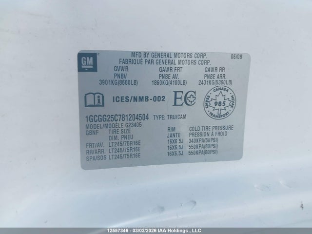 Aukcja sprzedaży 2008 Chevrolet Express Standard, vin: 1GCGG25C781204504, numer aukcji: 12557346