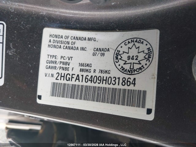 Aukcja sprzedaży 2009 Honda Civic Dx-g, vin: 2HGFA16409H031864, numer aukcji: 12567111