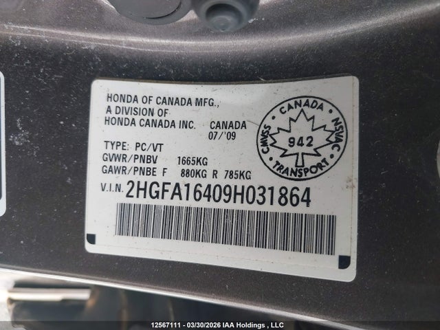 Aukcja sprzedaży 2009 Honda Civic Dx-g, vin: 2HGFA16409H031864, numer aukcji: 12567111