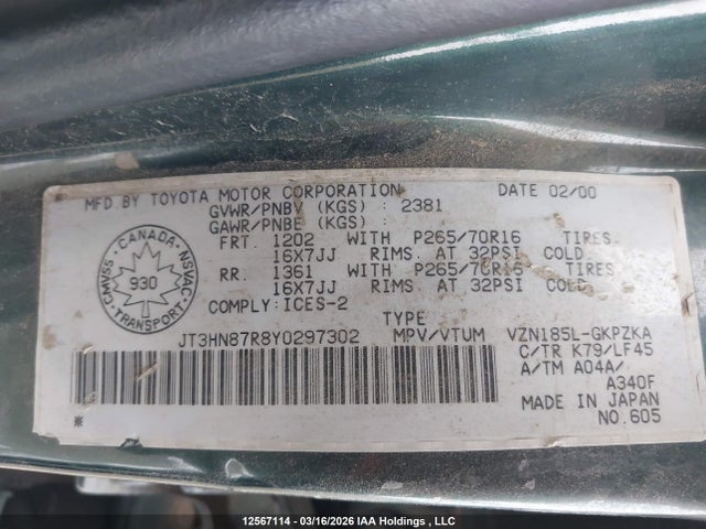 Aukcja sprzedaży 2000 Toyota 4runner Limited, vin: JT3HN87R8Y0297302, numer aukcji: 12567114