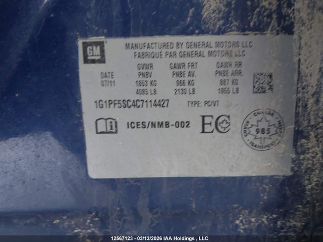 Продажа на аукционе авто 2012 Chevrolet Cruze Lt, vin: 1G1PF5SC4C7114427, номер лота: 12567123