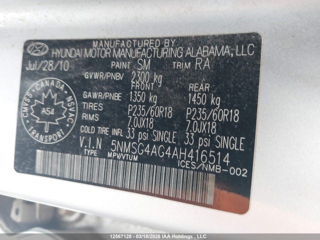 12567128 :رقم المزاد ، 5NMSG4AG4AH416514 vin ، 2010 Hyundai Santa Fe Gl 3.5 Sport مزاد بيع