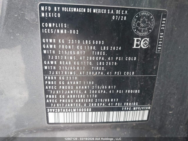 Продажа на аукционе авто 2020 Volkswagen Tiguan Se/sel, vin: 3VV2B7AX4LM160568, номер лота: 12567129