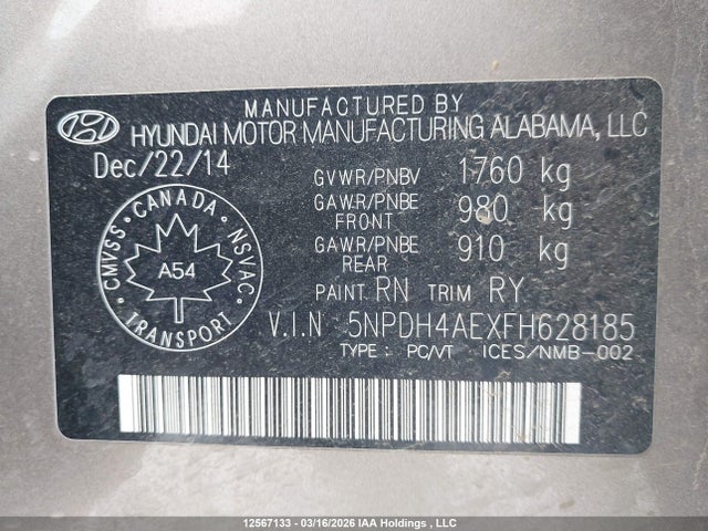 Продаж на аукціоні авто 2015 Hyundai Elantra Se/sport/limited, vin: 5NPDH4AEXFH628185, номер лоту: 12567133