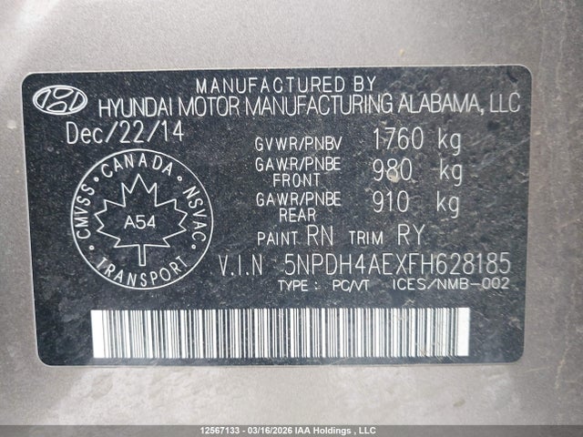 Продаж на аукціоні авто 2015 Hyundai Elantra Se/sport/limited, vin: 5NPDH4AEXFH628185, номер лоту: 12567133