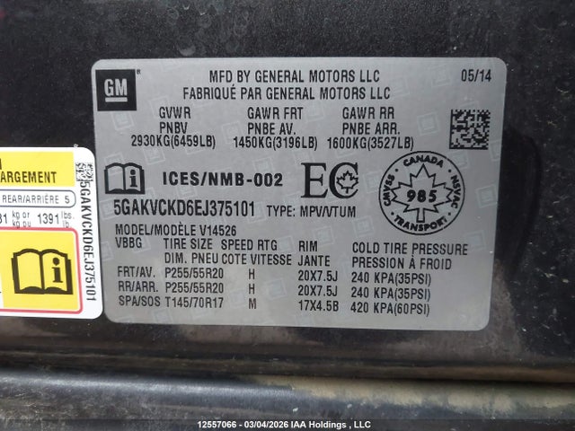 2014 Buick Enclave Premium მანქანა იყიდება აუქციონზე, vin: 5GAKVCKD6EJ375101, აუქციონის ნომერი: 12557066