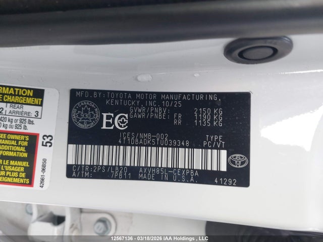 2026 Toyota Camry მანქანა იყიდება აუქციონზე, vin: 4T1DBADK5TU039348, აუქციონის ნომერი: 12567136