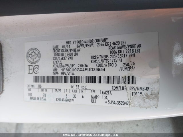 Aukcja sprzedaży 2014 Ford Escape Se, vin: 1FMCU0GX4EUD39554, numer aukcji: 12567137