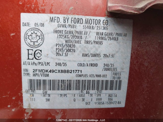 Aukcja sprzedaży 2008 Ford Edge Limited, vin: 2FMDK49CX8BB21771, numer aukcji: 12567141