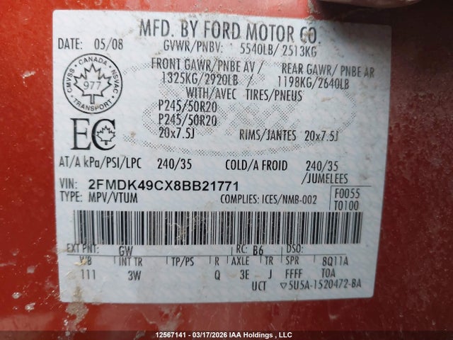 Aukcja sprzedaży 2008 Ford Edge Limited, vin: 2FMDK49CX8BB21771, numer aukcji: 12567141