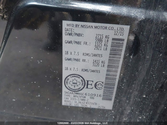 5N1AR2MMXGC610916 Nissan Pathfinder Platinum/s/sl/sv