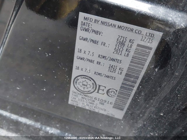 5N1AR2MMXGC610916 Nissan Pathfinder Platinum/s/sl/sv